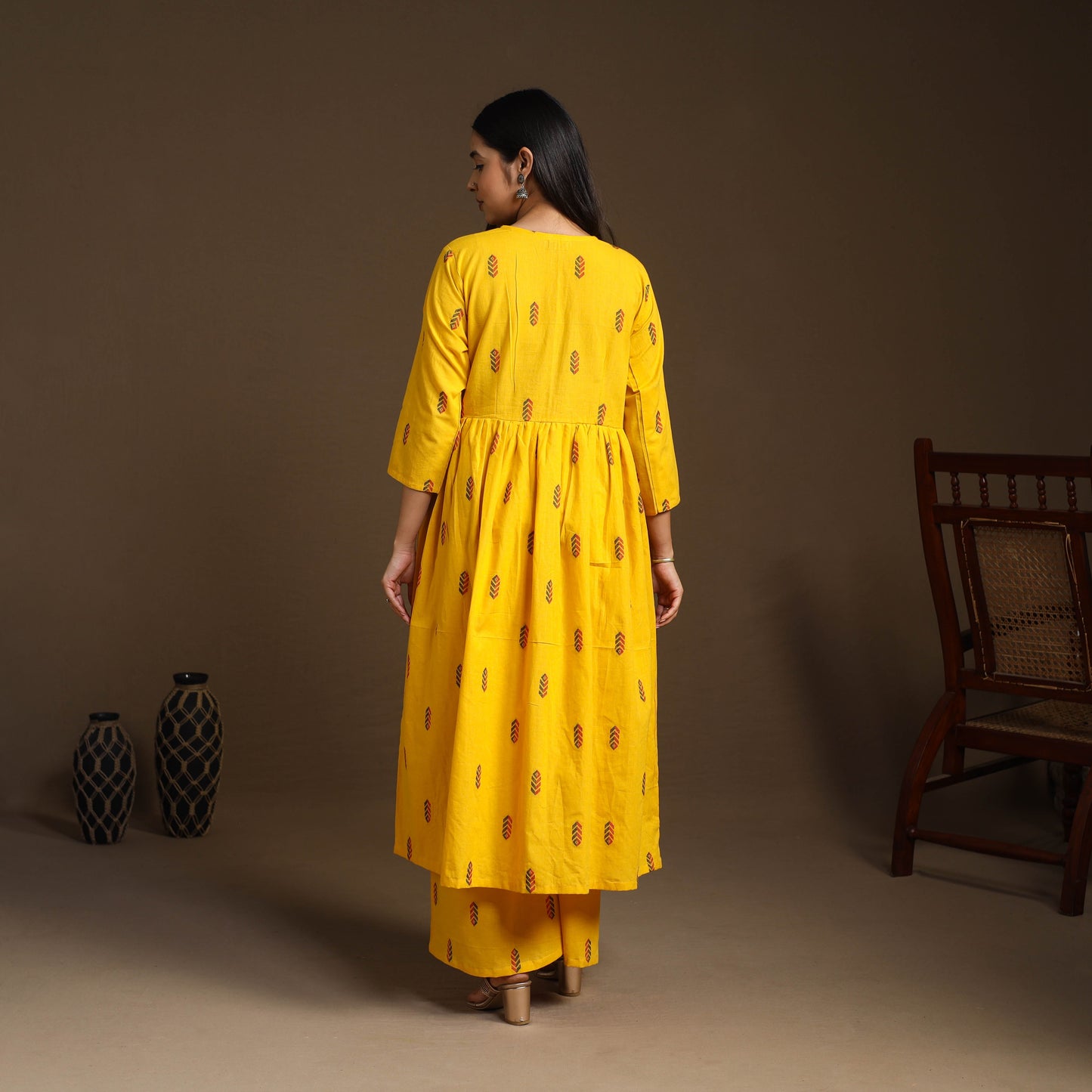  Yellow Flared Cotton Jacquard Kurta with Palazzo Set