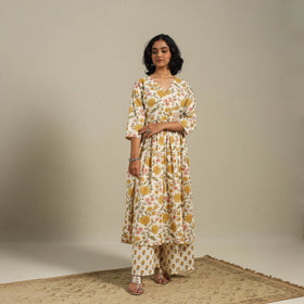 Yellow Flared Cotton Jaipur Print Kurta Set (Set of 2)