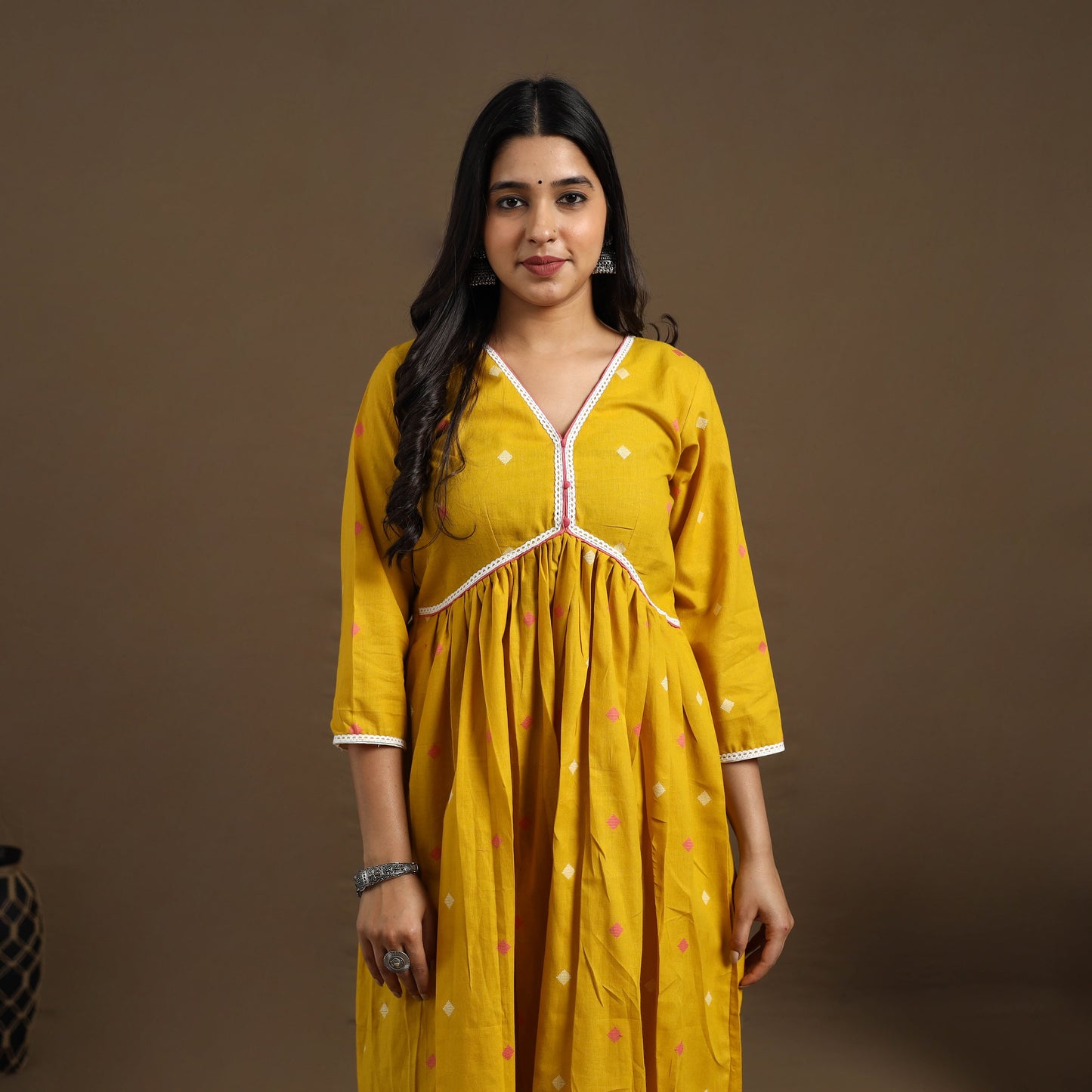 Yellow Flared Cotton Lace Work Jacquard Kurta for Women