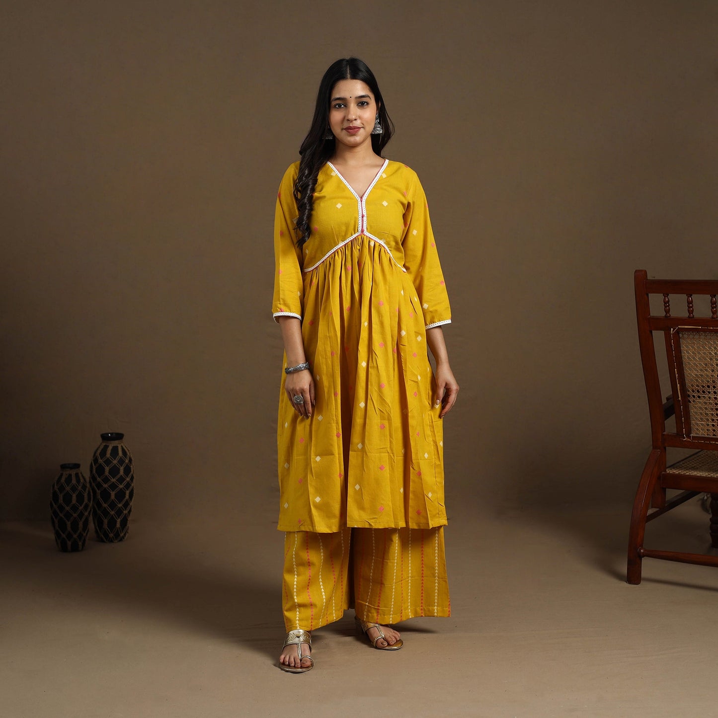 Yellow Flared Cotton Lace Work Jacquard Kurta for Women