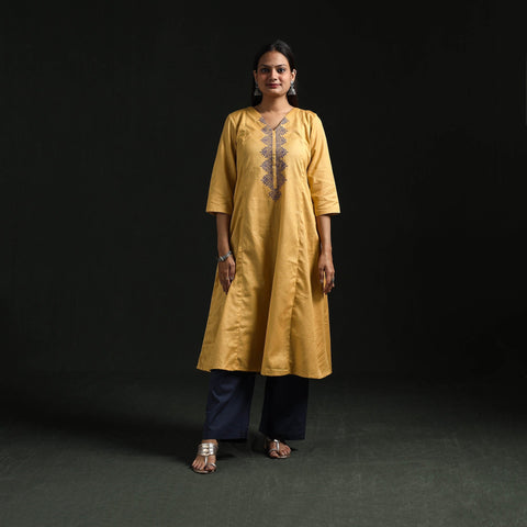 Flex cotton plain hand embroidered a-line kurta for women