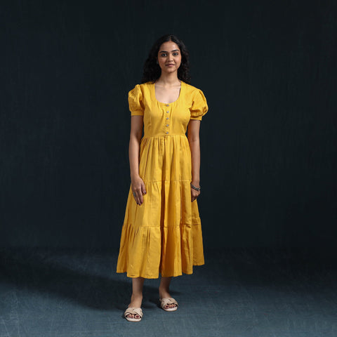 Yellow - flex cotton tiered plain dress 10 - handcrafted