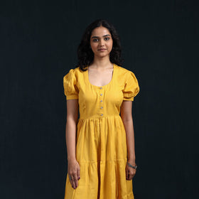 Yellow - flex cotton tiered plain dress 10 - handcrafted