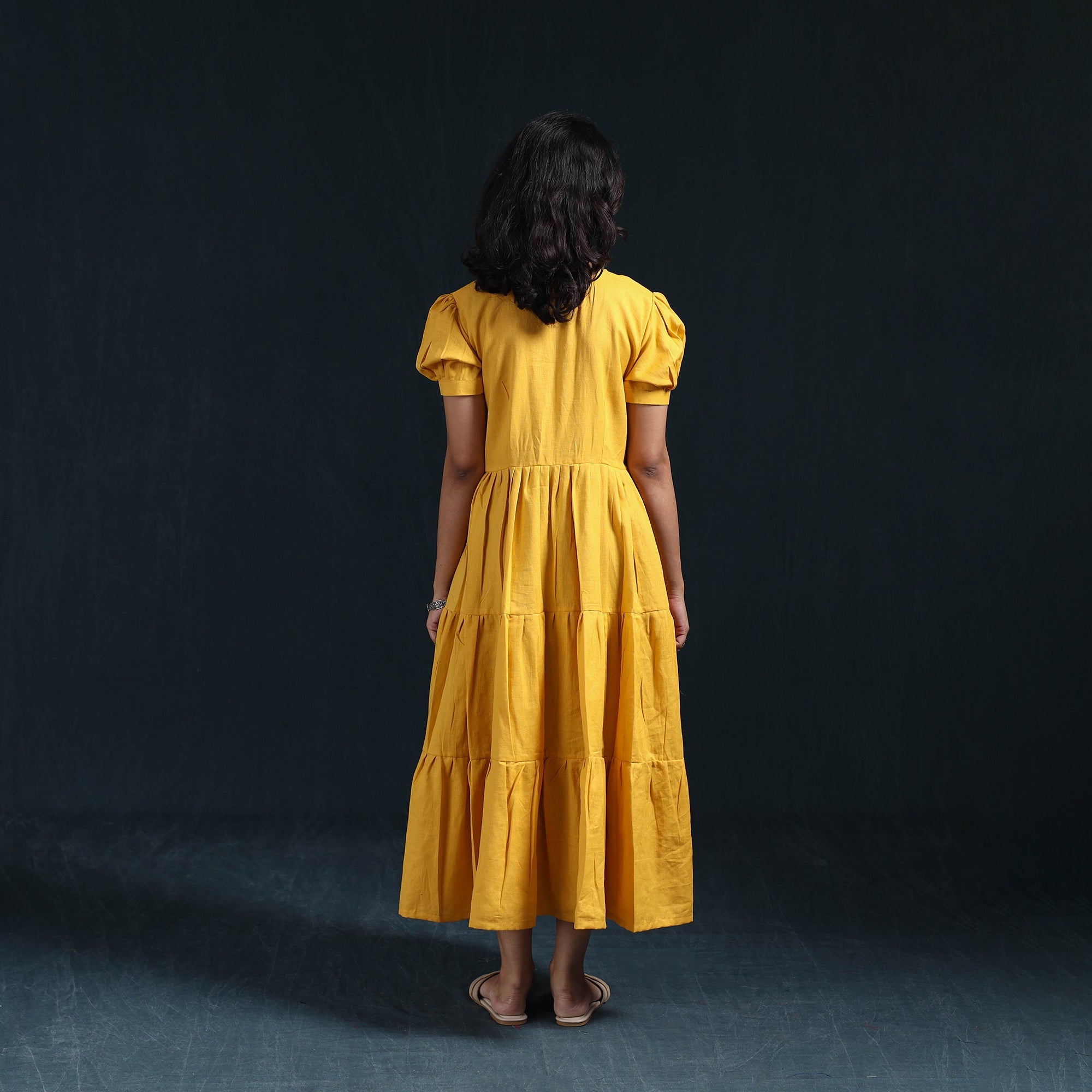 Yellow Flex Cotton Tiered Plain Dress