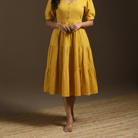 Yellow - flex cotton tiered plain dress 10 - handcrafted