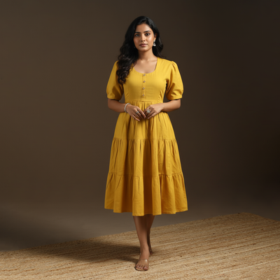 Yellow - flex cotton tiered plain dress 10 - handcrafted