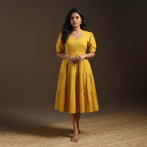 Yellow - flex cotton tiered plain dress 10 - handcrafted