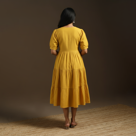 Yellow - flex cotton tiered plain dress 10 - handcrafted