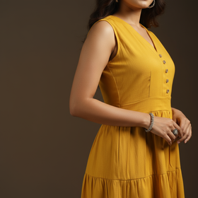 Yellow - flex cotton tiered plain dress 13 - handcrafted