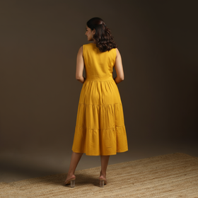 Yellow - flex cotton tiered plain dress 13 - handcrafted