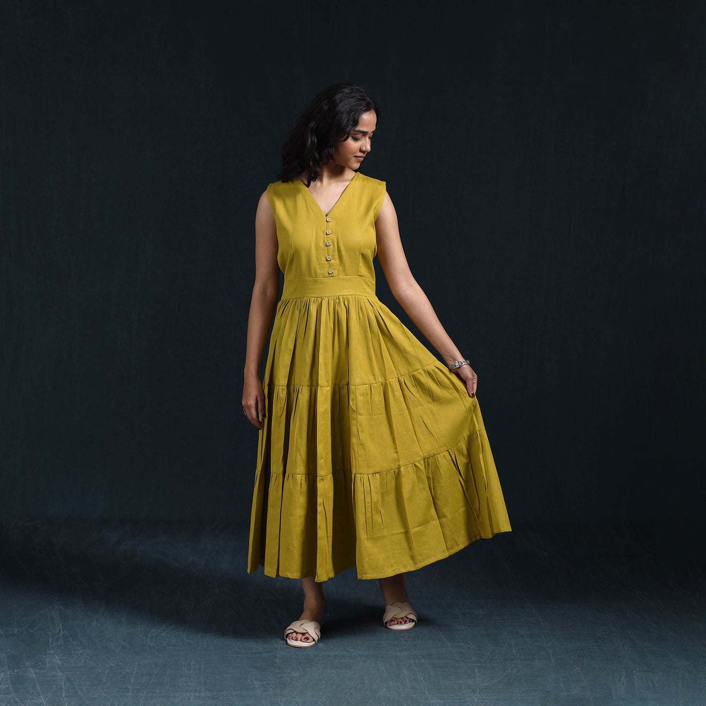 Yellow - flex cotton tiered plain dress 13 - handcrafted
