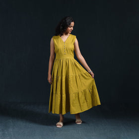 Yellow - flex cotton tiered plain dress 13 - handcrafted