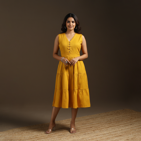 Yellow - flex cotton tiered plain dress 13 - handcrafted