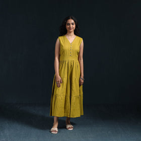 Yellow - flex cotton tiered plain dress 13 - handcrafted
