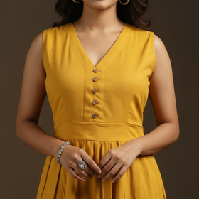 Yellow - flex cotton tiered plain dress 13 - handcrafted