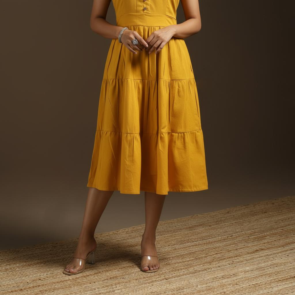 Yellow - flex cotton tiered plain dress 13 - handcrafted