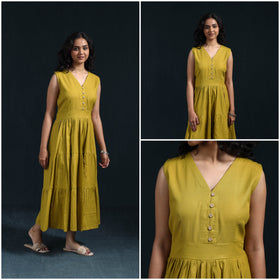 Yellow - flex cotton tiered plain dress 13 - handcrafted