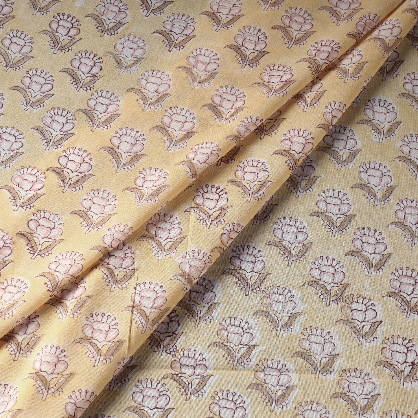 Yellow Floral Butta Sanganeri Block Printed Cotton Fabric