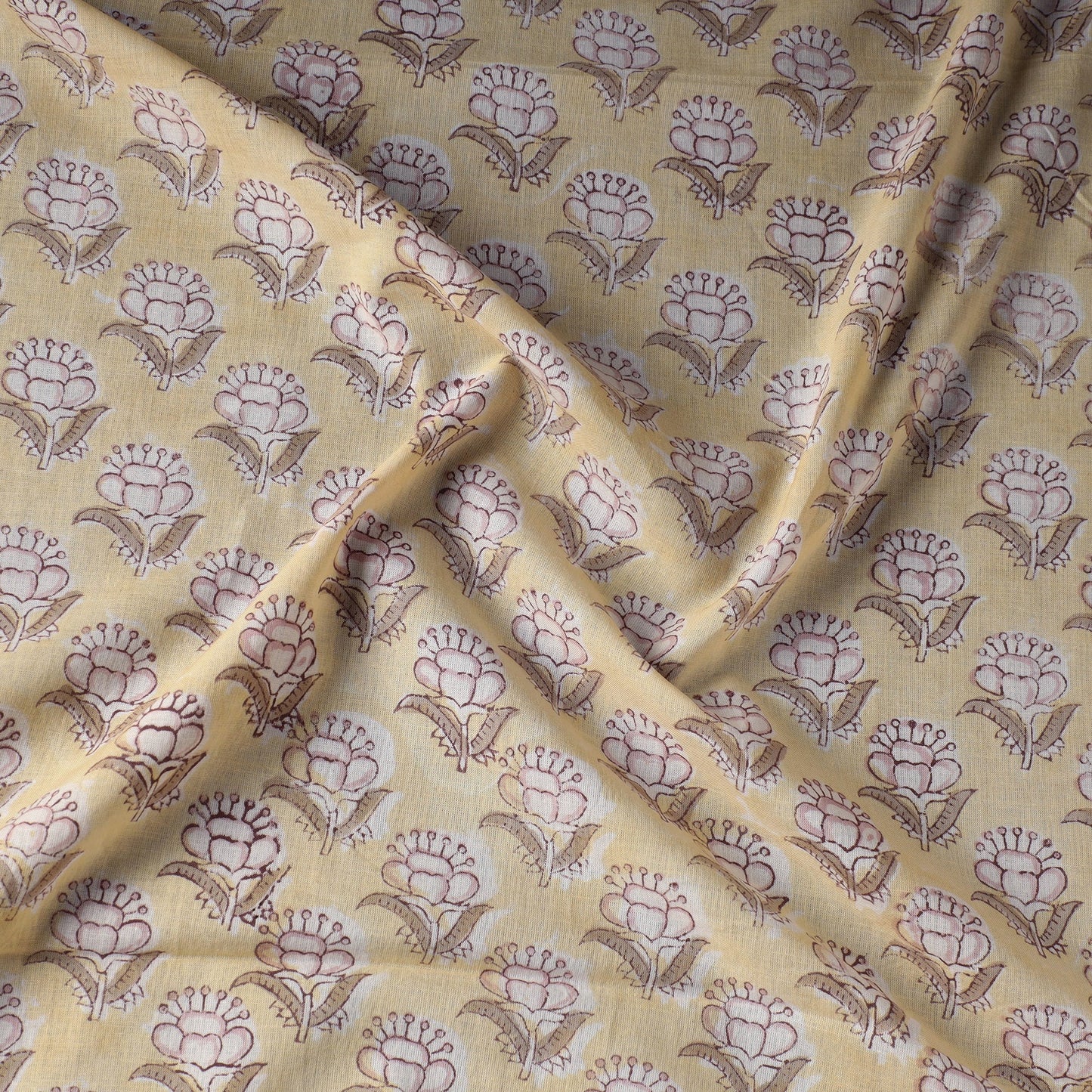 Yellow Floral Butta Sanganeri Block Printed Cotton Fabric