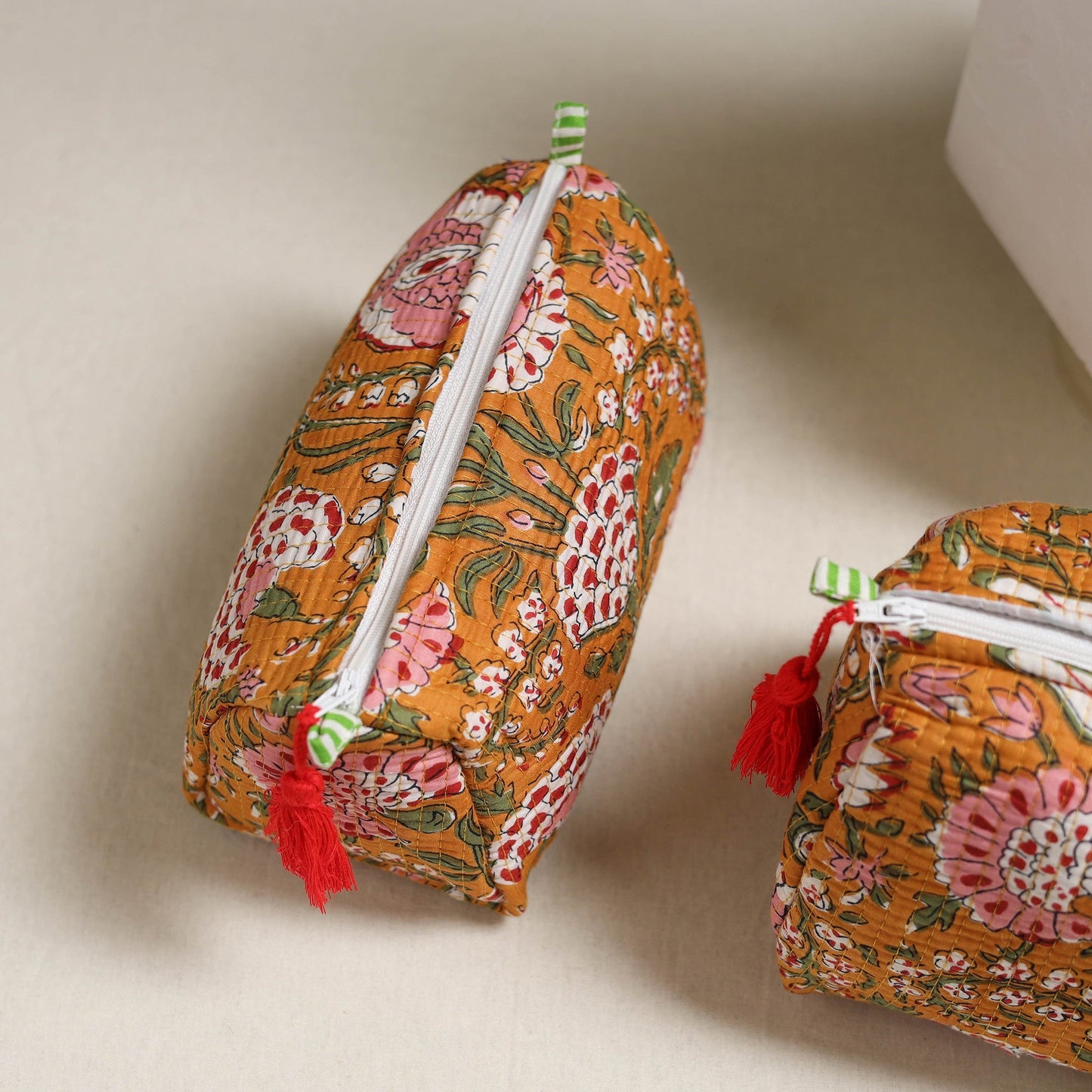Floral hand block print quilted toiletry bags (set of 3) 03