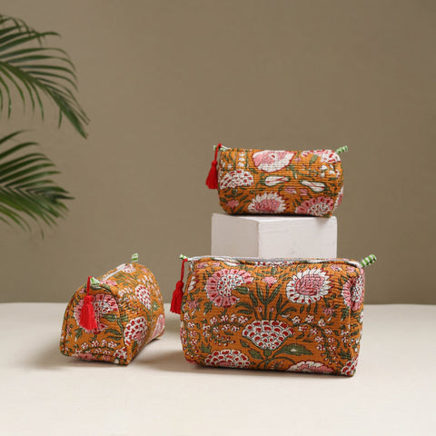 Floral hand block print quilted toiletry bags (set of 3) 03