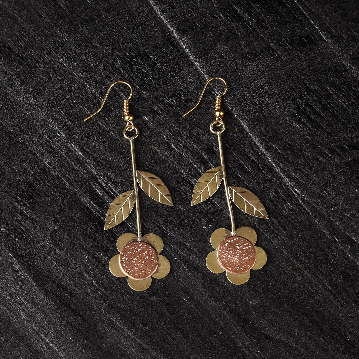 Flower & leaf - dokra brass handcrafted dangle earrings 06