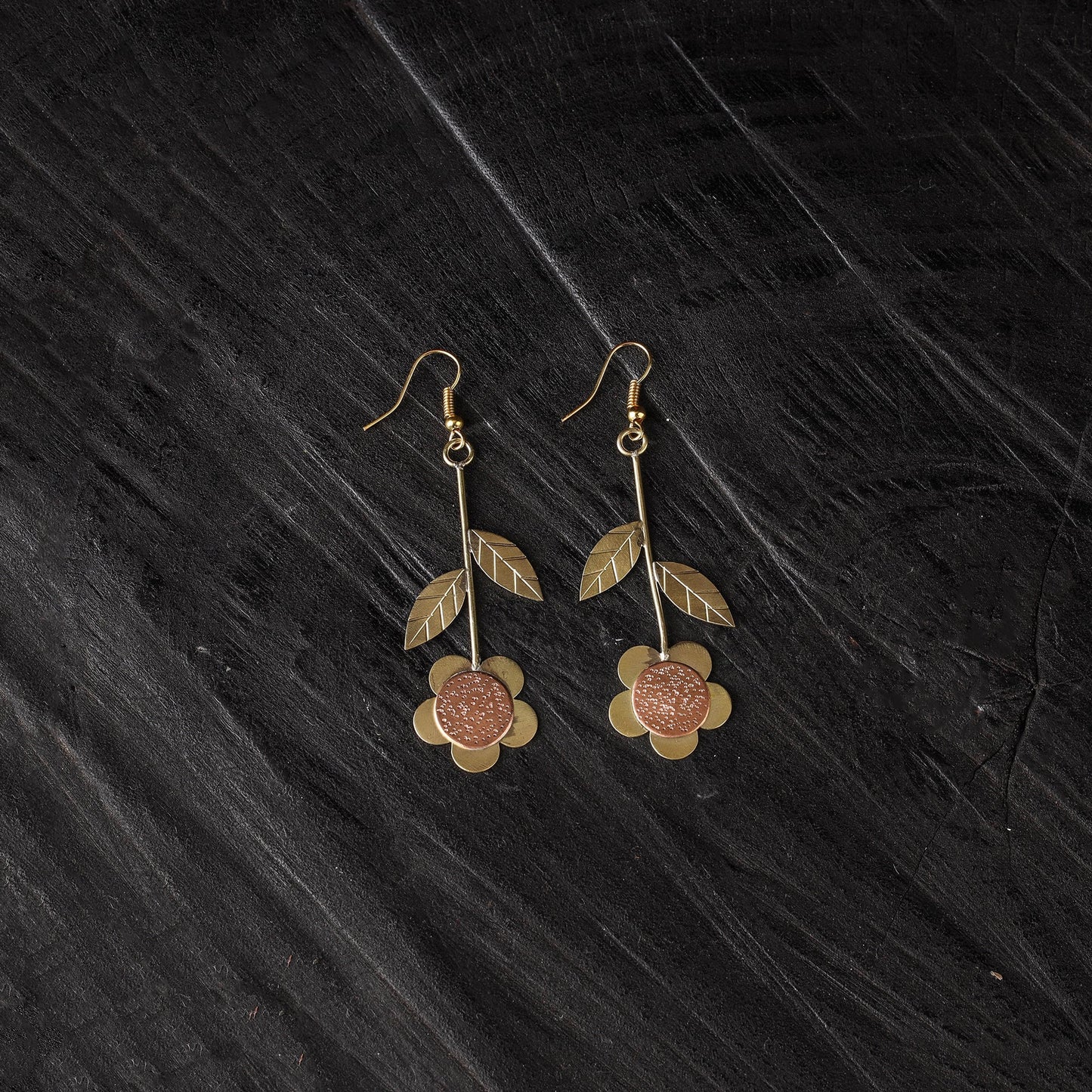 Flower & leaf - dokra brass handcrafted dangle earrings 06