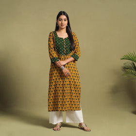 Fusion Mul Cotton Straight Yellow Ajrakh Kurta for Women