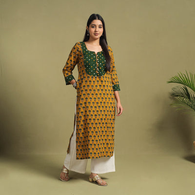 Fusion Mul Cotton Straight Yellow Ajrakh Kurta for Women