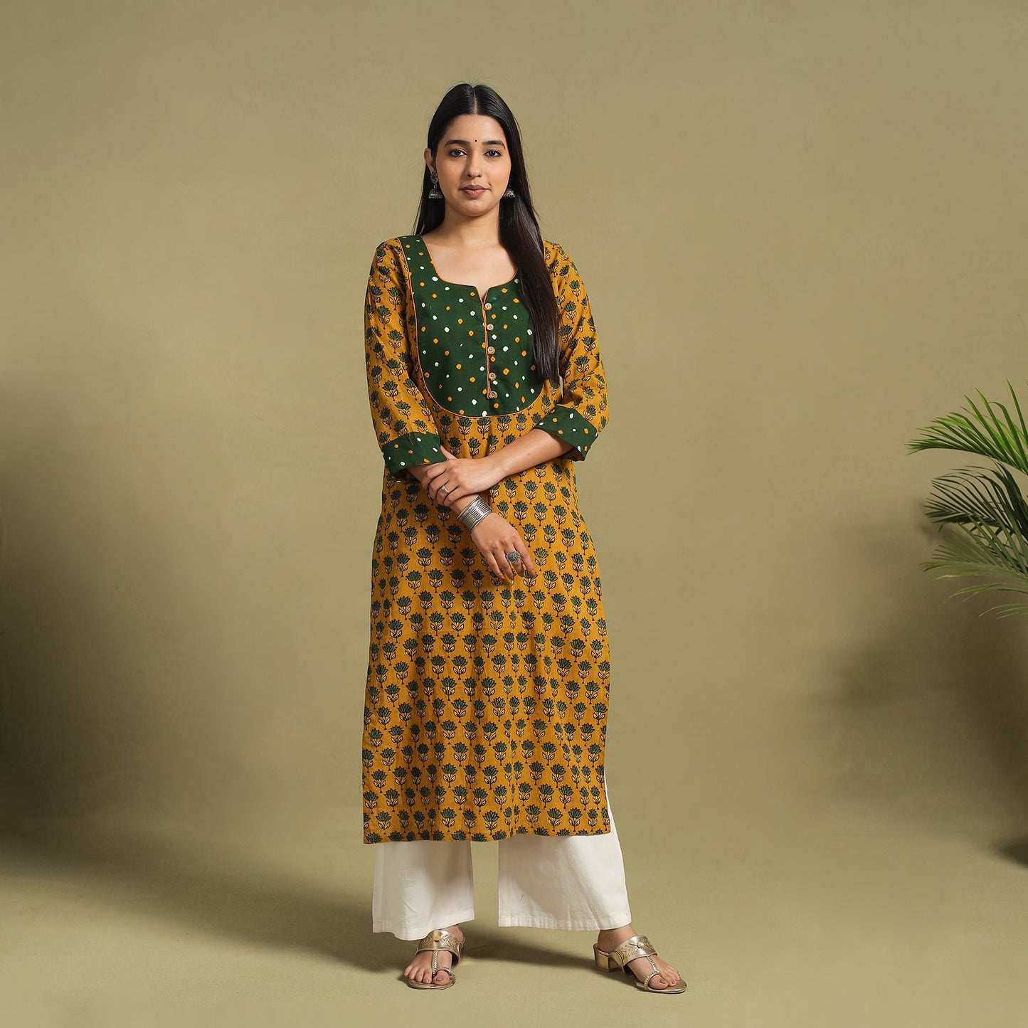 Fusion Mul Cotton Straight Yellow Ajrakh Kurta for Women
