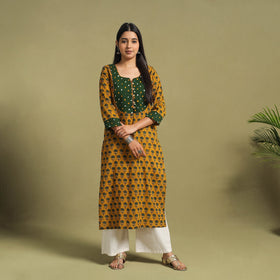 Fusion Mul Cotton Straight Yellow Ajrakh Kurta for Women