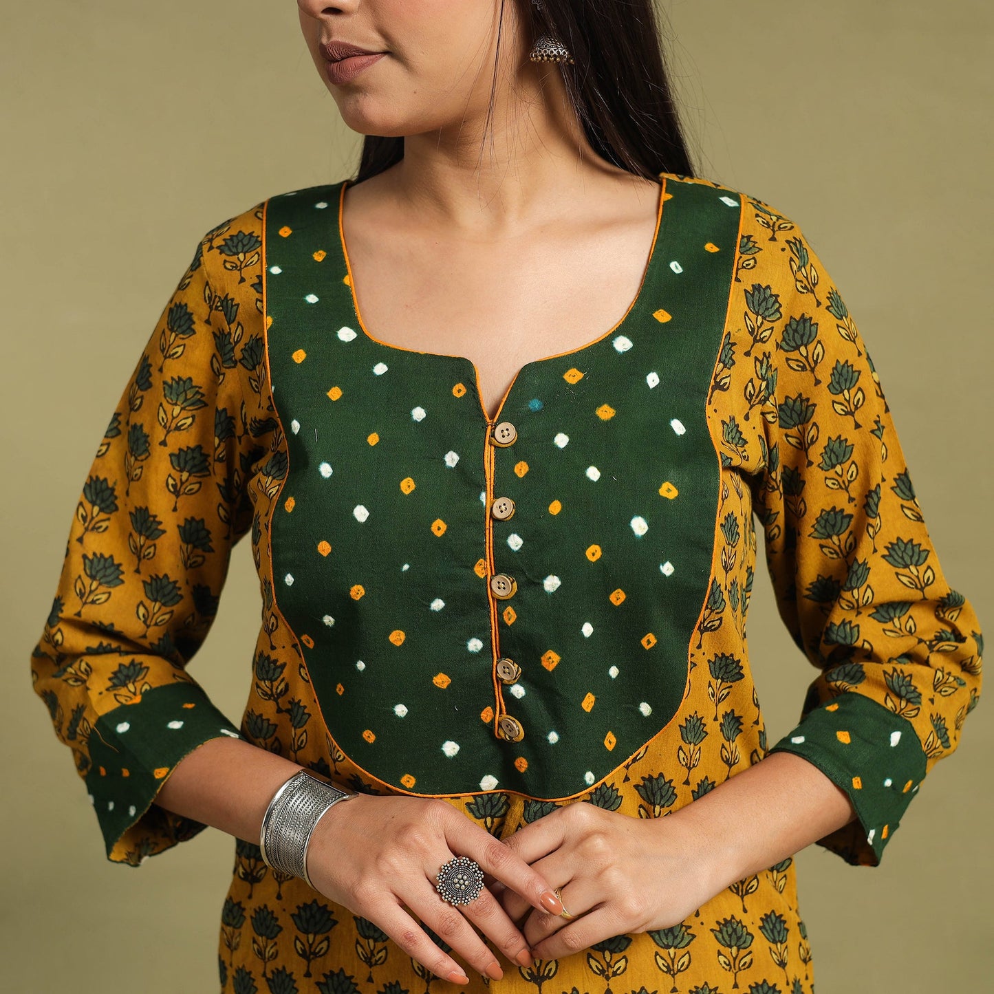 Fusion Mul Cotton Straight Yellow Ajrakh Kurta for Women