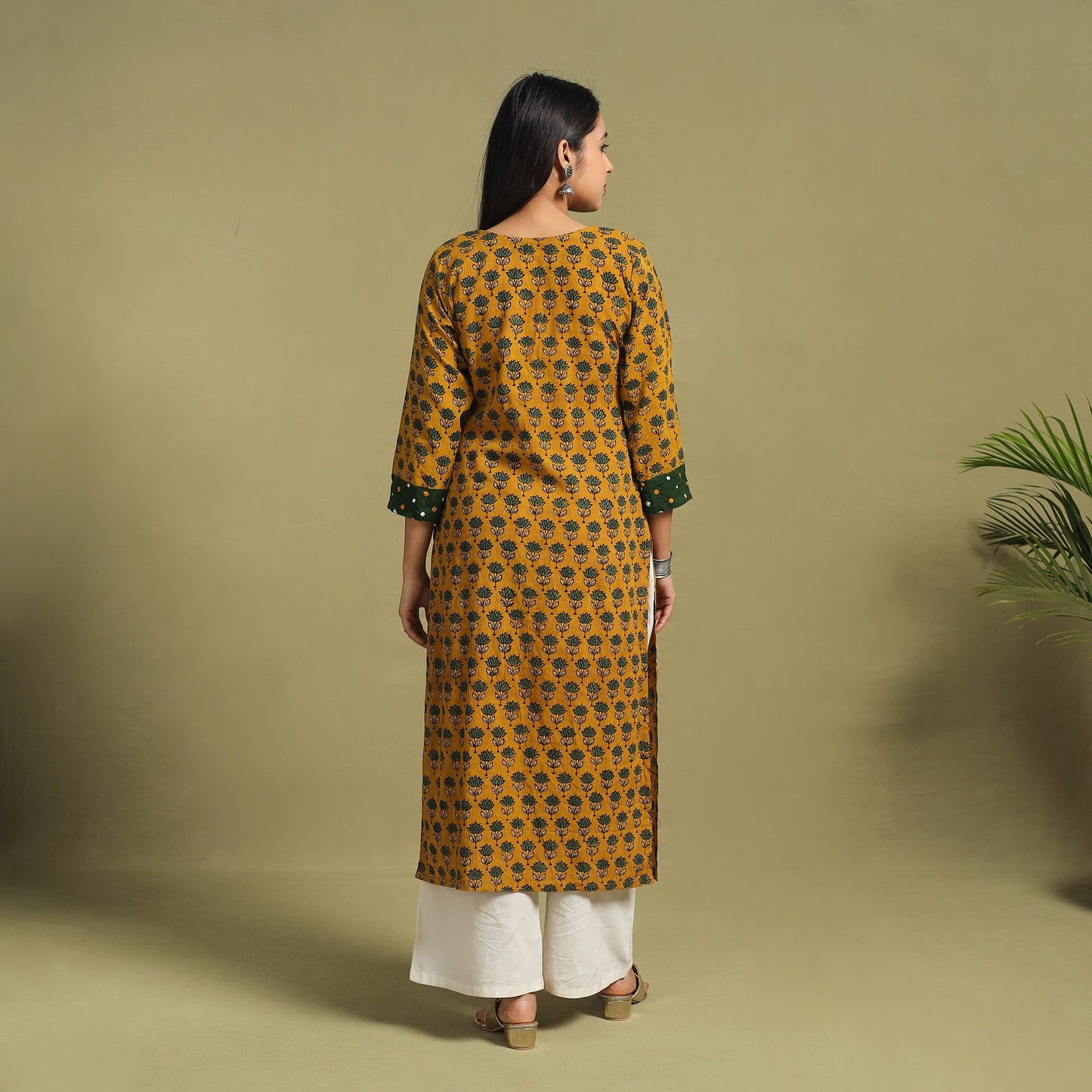 Fusion Mul Cotton Straight Yellow Ajrakh Kurta for Women