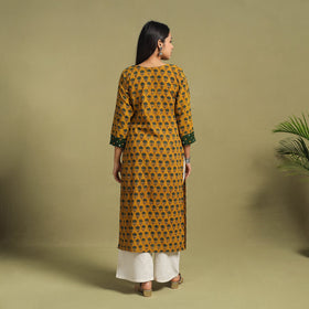 Fusion Mul Cotton Straight Yellow Ajrakh Kurta for Women