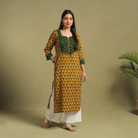 Fusion Mul Cotton Straight Yellow Ajrakh Kurta for Women