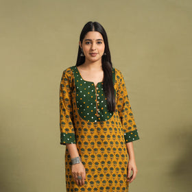 Fusion Mul Cotton Straight Yellow Ajrakh Kurta for Women