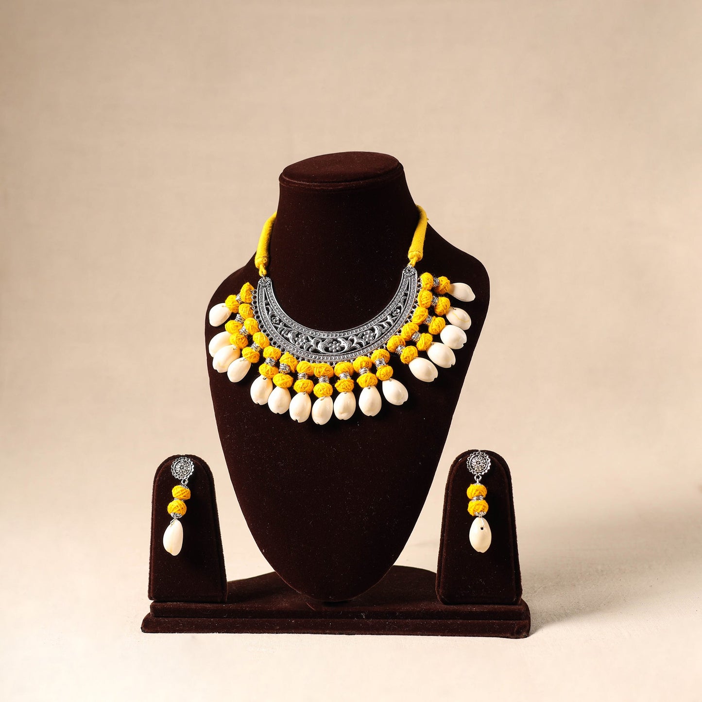 Yellow German Silver Necklace Set with Shell & Thread Beads