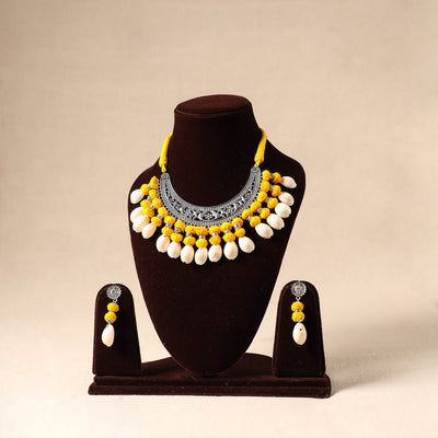 Yellow German Silver Necklace Set with Shell & Thread Beads
