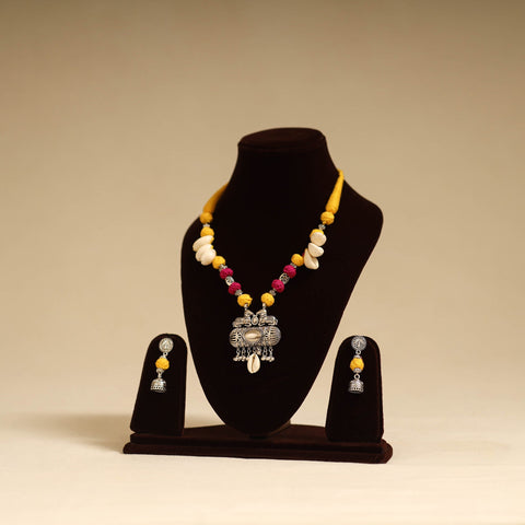 Yellow - german silver necklace set with thread beads 01