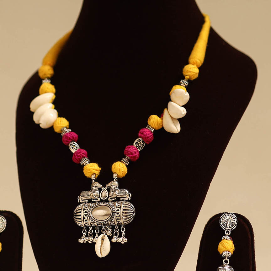 Yellow - german silver necklace set with thread beads 01