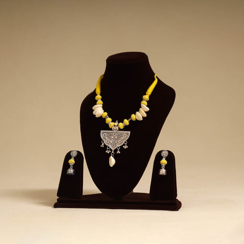 Yellow - german silver necklace set with thread beads 04