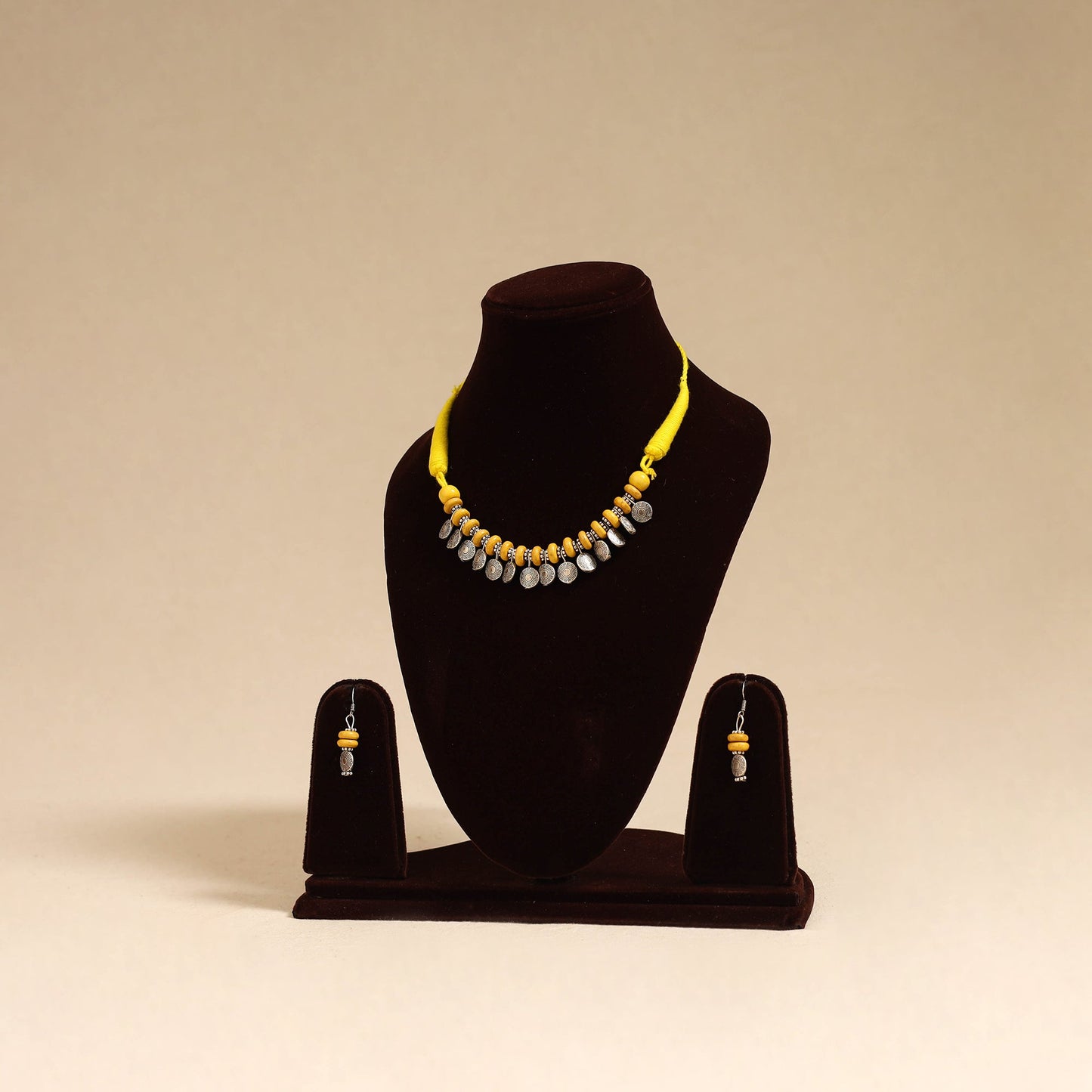 Yellow - german silver wooden beads necklace set 07