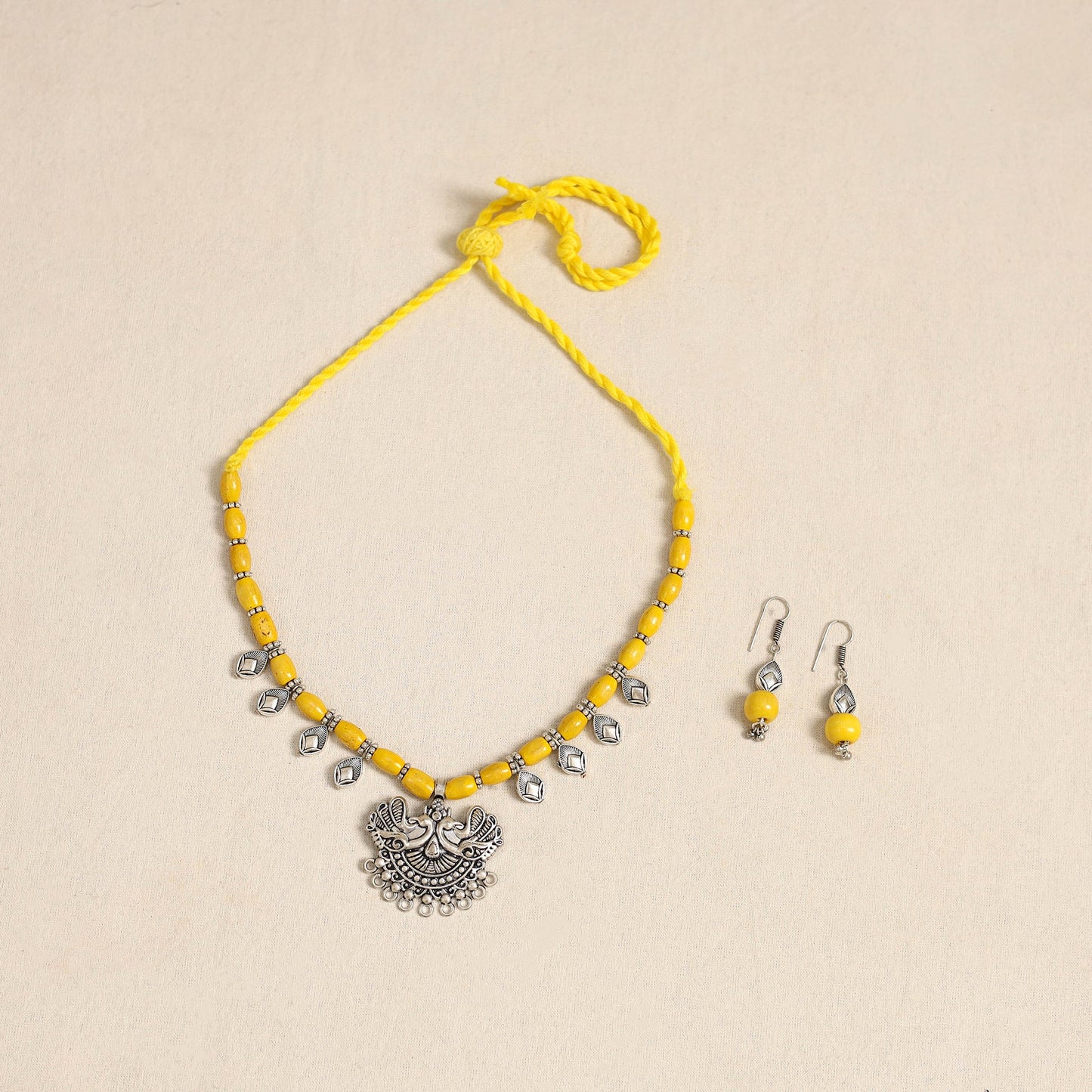 Yellow - german silver wooden beads necklace set 61
