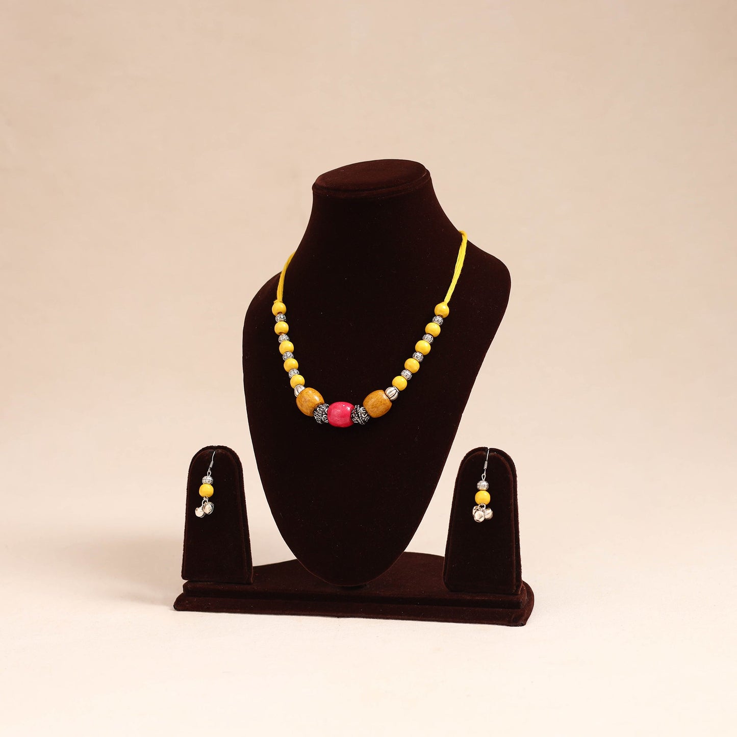 Yellow - german silver wooden beads necklace set 74