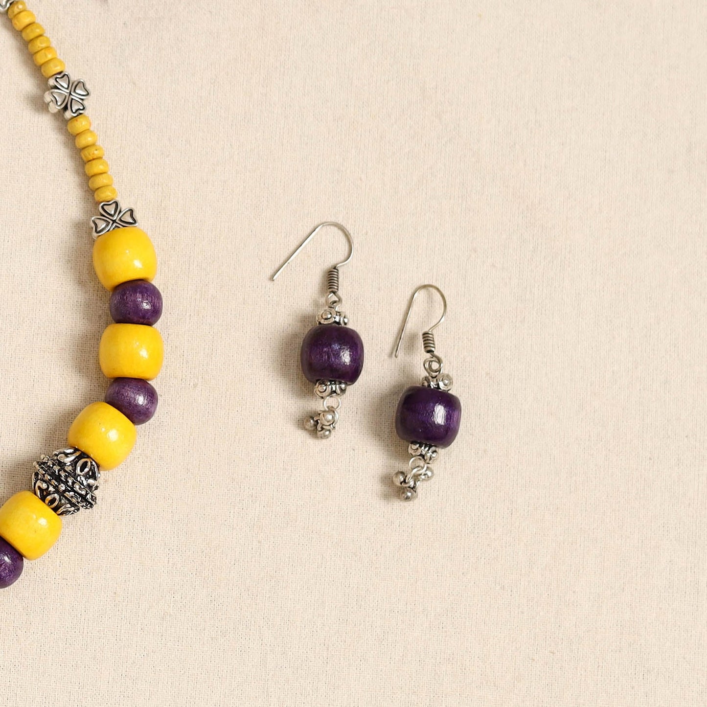 Yellow - german silver wooden beads necklace set 78