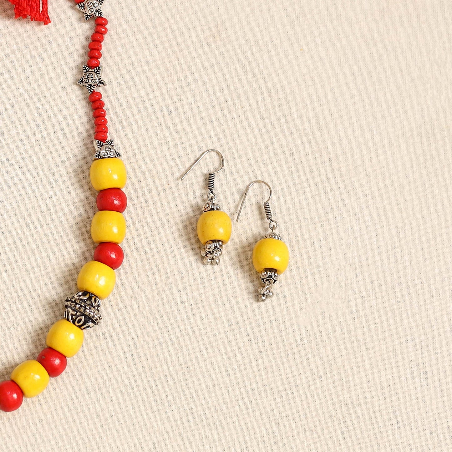 Yellow - german silver wooden beads necklace set 79