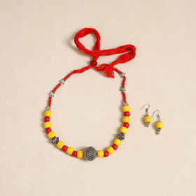 Yellow - german silver wooden beads necklace set 79
