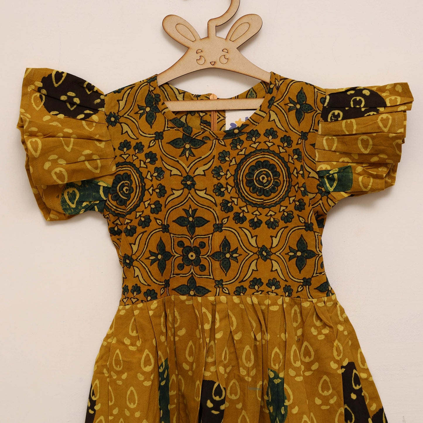 Yellow - girls pure cotton ajrakh hand block print frock
