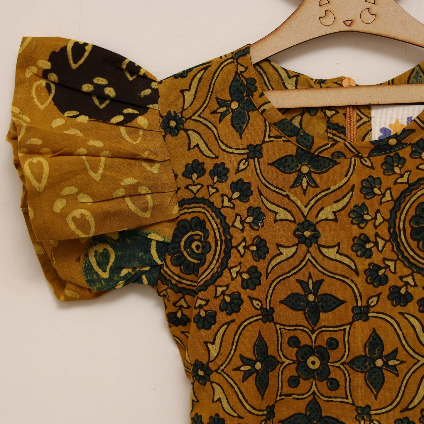Yellow - girls pure cotton ajrakh hand block print frock