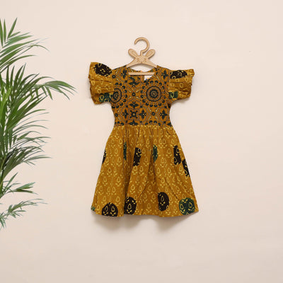 Yellow - girls pure cotton ajrakh hand block print frock